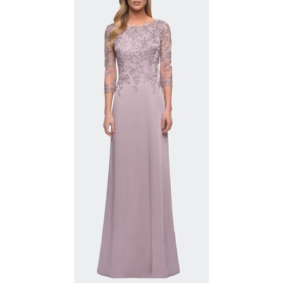 La Femme Jersey Gown with Boat Neckline and Lace Detailing in Light Mauve NWT Si - Picture 1 of 7